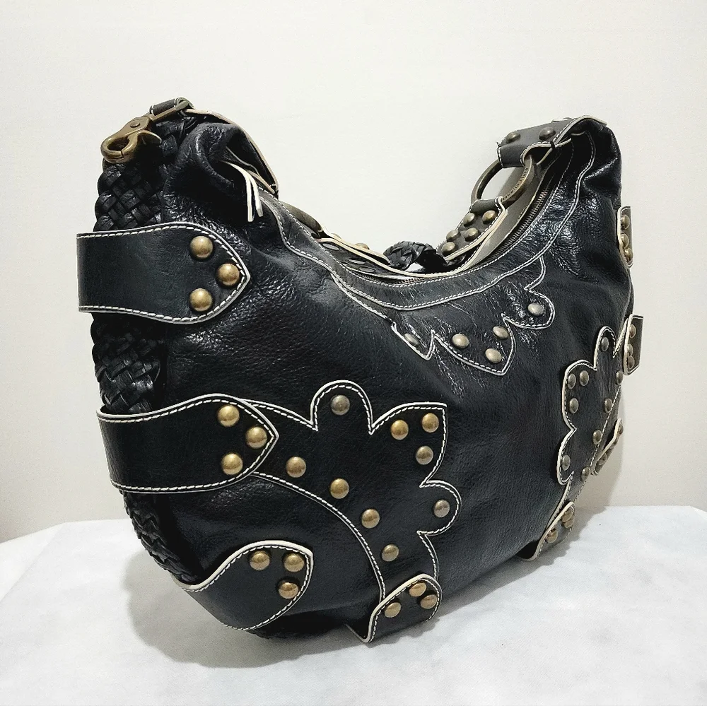 Isabella Fiore Black Leather Studded Braided Hobo Shoulder Bag Boho Western Chic - Picture 4 of 15